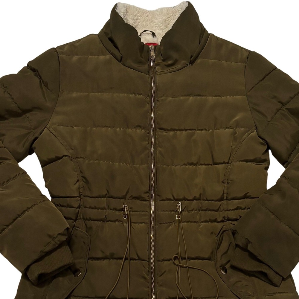 Guess Olive Green Quilted Puffer Jacket Faux Fur Collar Medium‎ Q94L05RCIS0